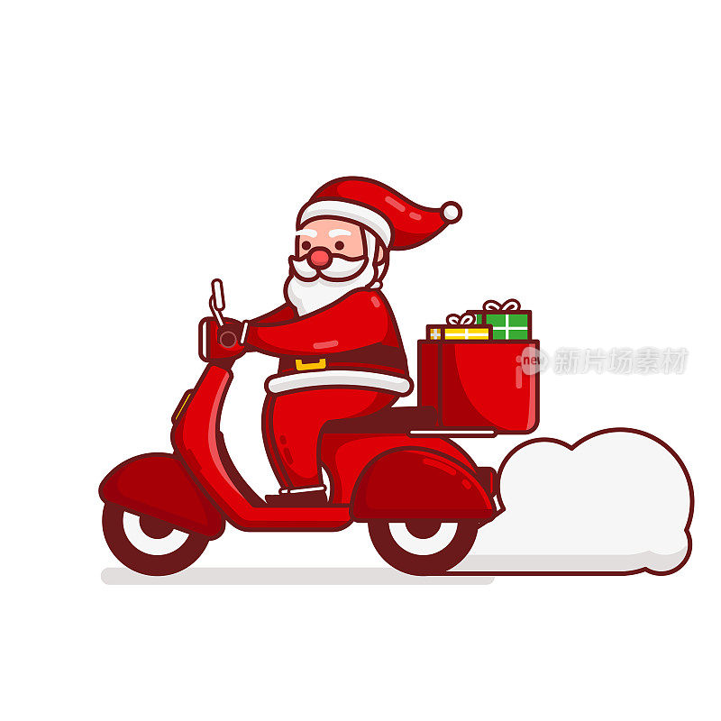 Christmas Santa Claus Cartoon Character deliver gift box by riding a motorcycle With Flat Design Vector Illustration